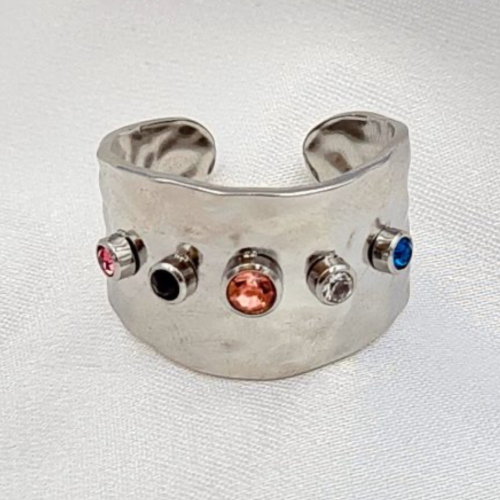 New Free People Silver Textured Open Cuff Cubic Zirconia Statement Ring - Picture 2 of 16